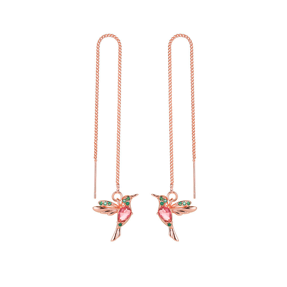 Aretes Colgantes de Colibrí con Cristales — Baño en Oro Rosa/Imitación Oro