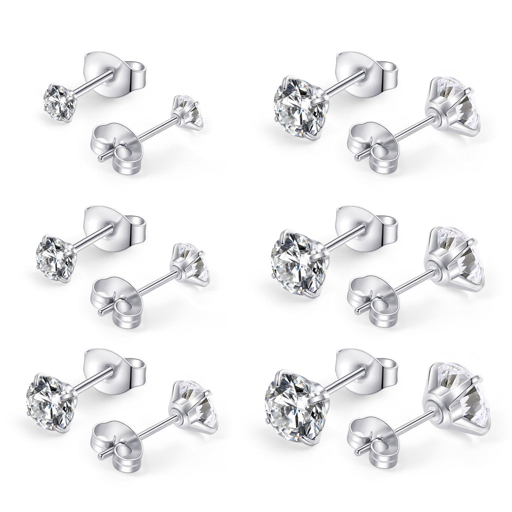 Set de 6 Pares de Aretes Stud en Acero de Titanio — Brillo Tipo Diamante con Cierre Mariposa