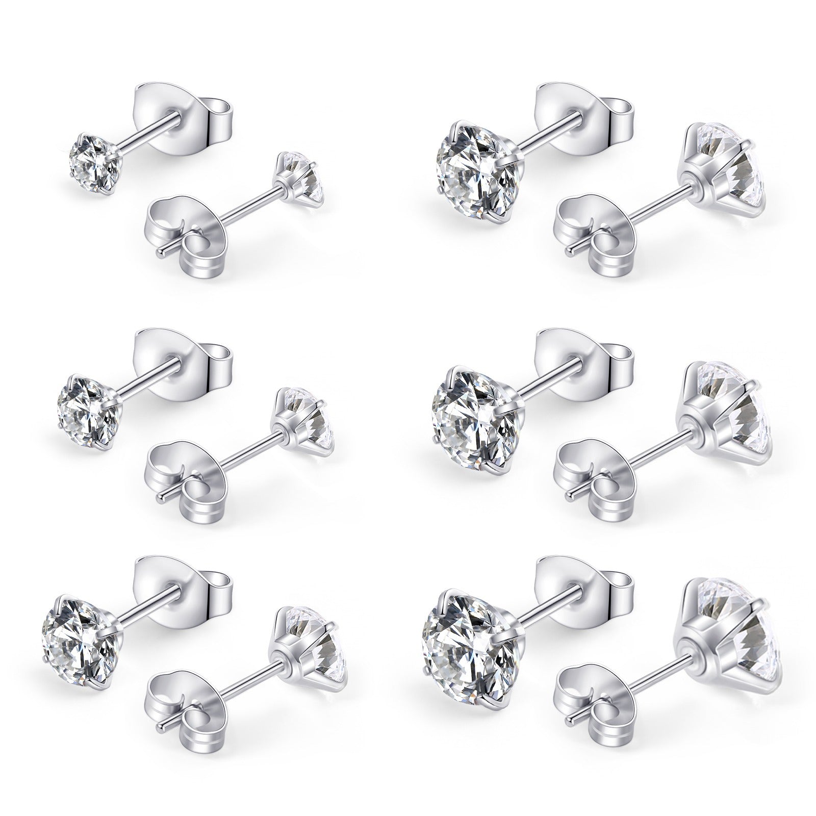 Set de 6 Pares de Aretes Stud en Acero de Titanio — Brillo Tipo Diamante con Cierre Mariposa