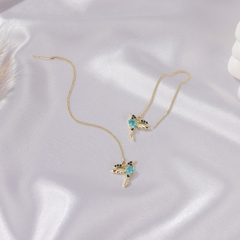 Aretes Colgantes de Colibrí con Cristales — Baño en Oro Rosa/Imitación Oro