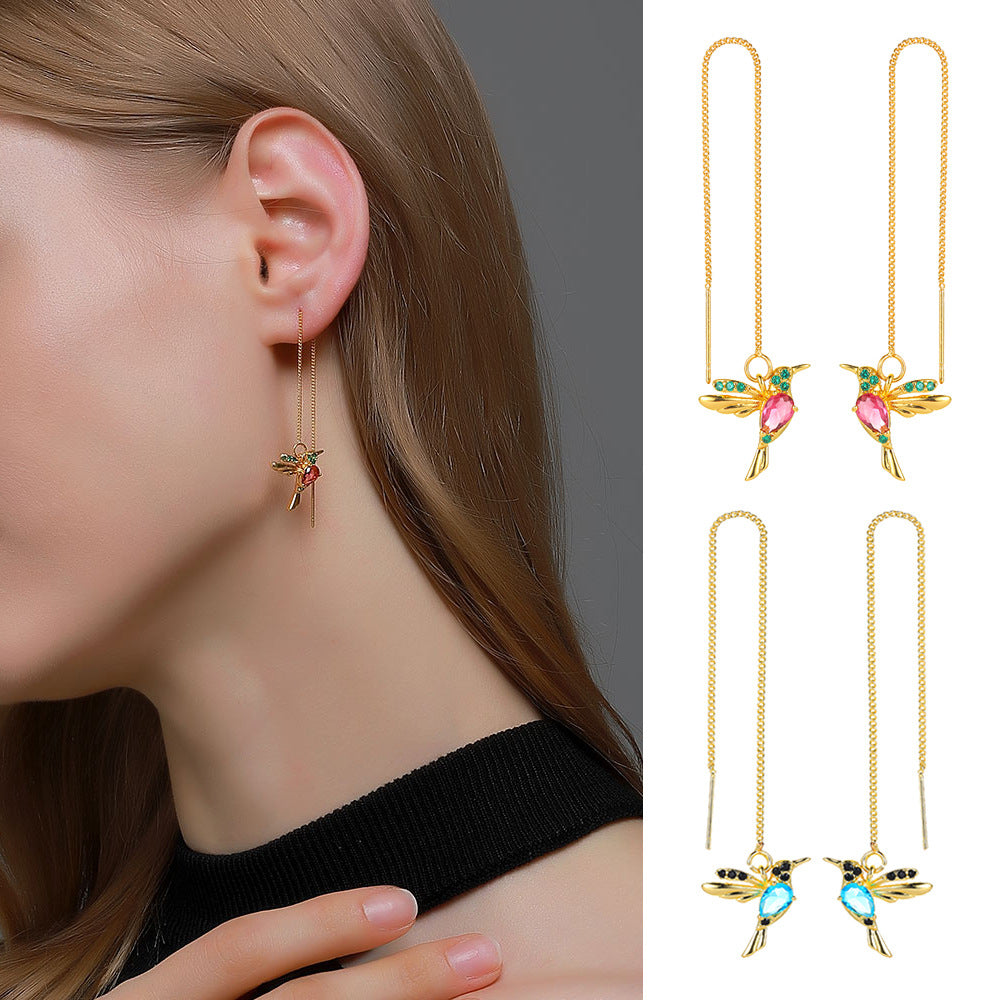 Aretes Colgantes de Colibrí con Cristales — Baño en Oro Rosa/Imitación Oro