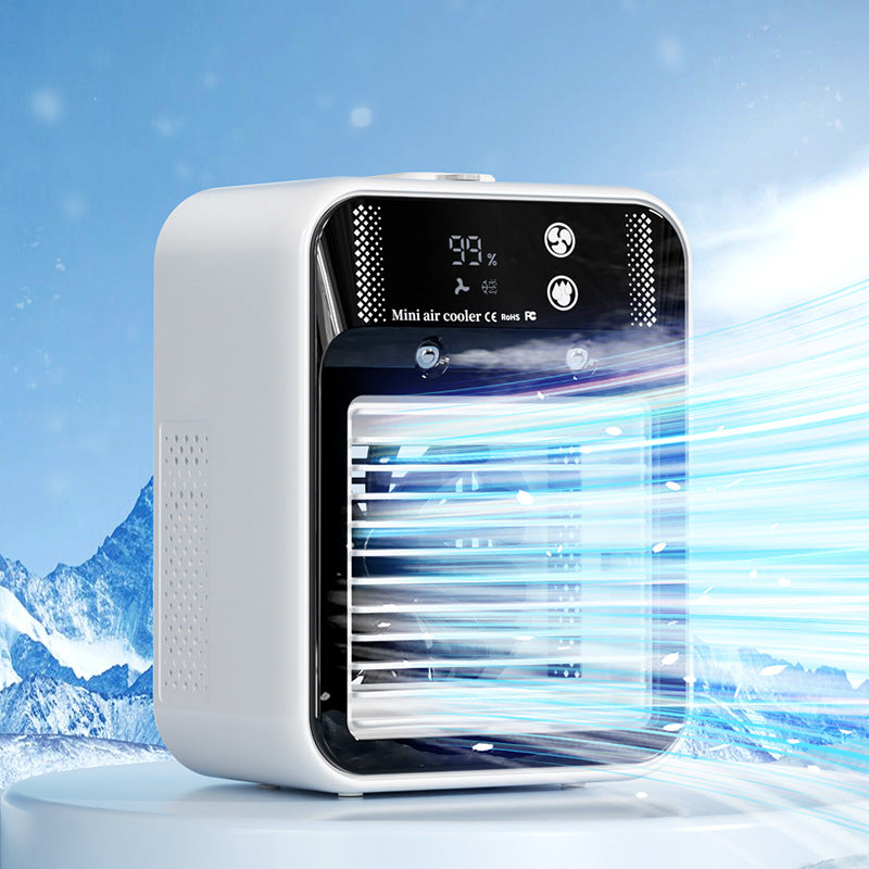 Ventilador Enfriador de Aire Portátil con Atomización — Pantalla Táctil, USB, Depósito de Agua con Hielo
