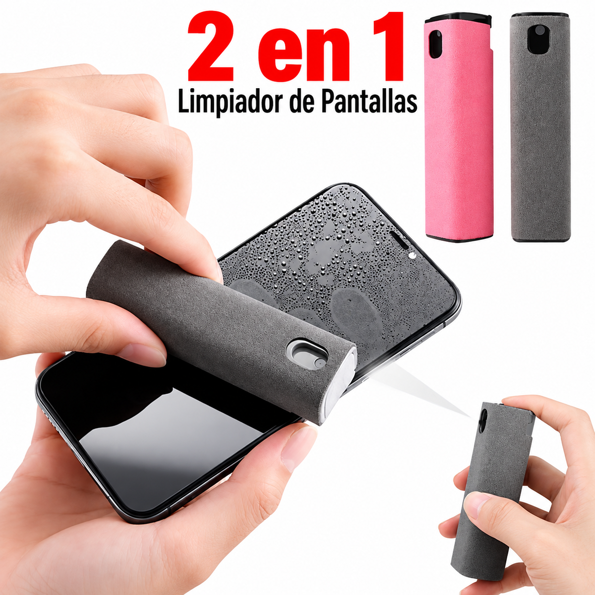 Limpiador de Pantallas Portátil con Spray y Microfibra — 10ml, 200 Aplicaciones, 9×2.7cm
