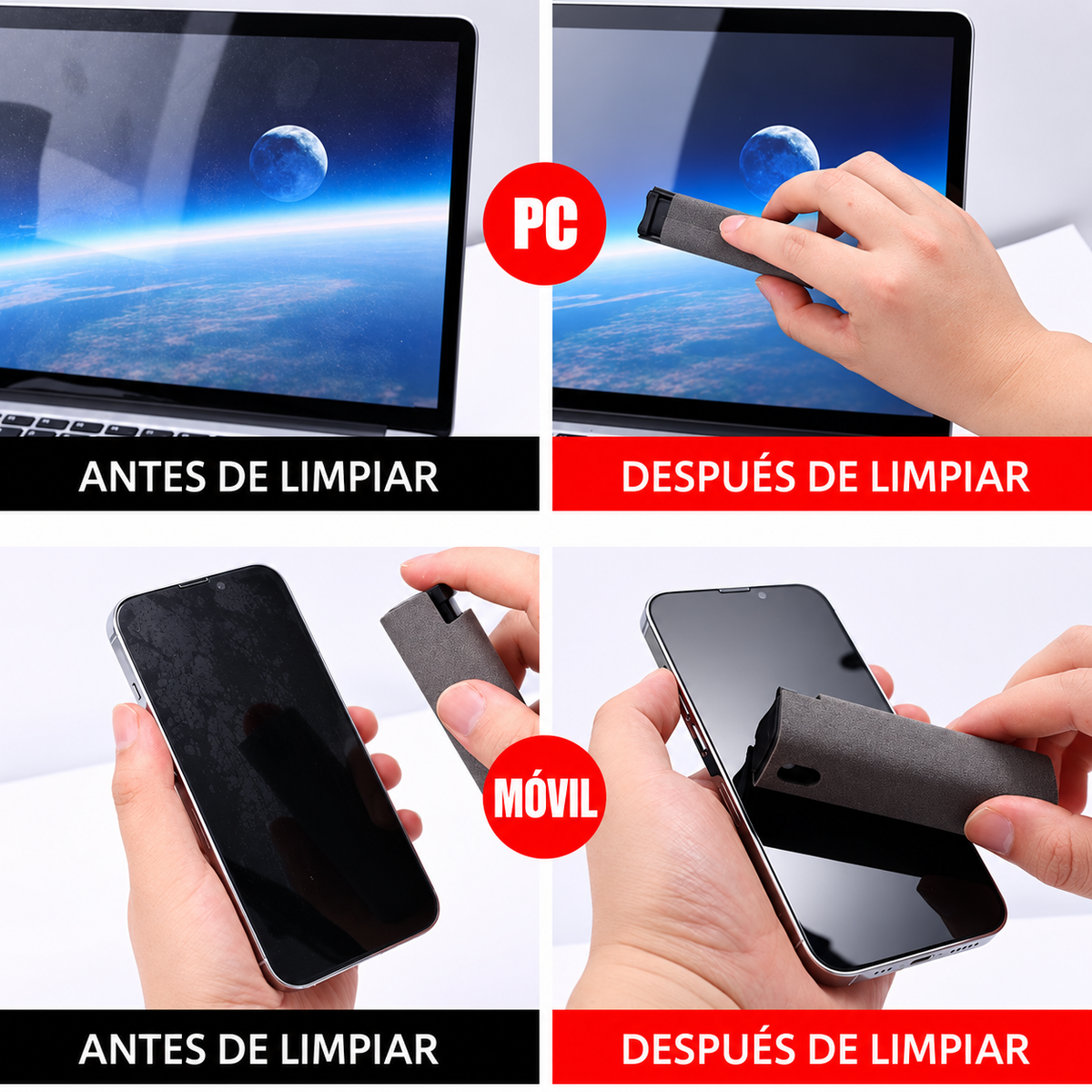 Limpiador de Pantallas Portátil con Spray y Microfibra — 10ml, 200 Aplicaciones, 9×2.7cm