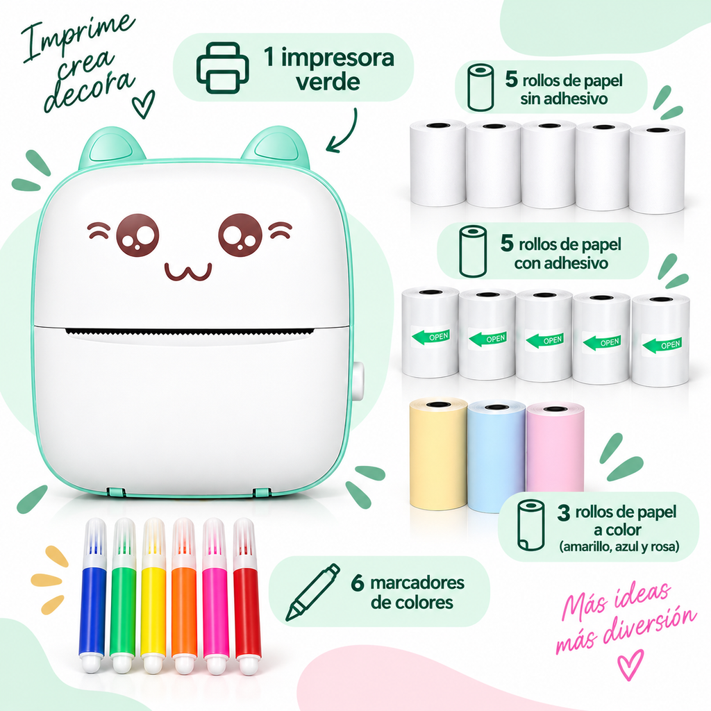 Mini Impresora Térmica Portátil Bluetooth Modelo A6 — Sin Tinta, PVC, Batería 1000mAh, 11×8×3.5cm