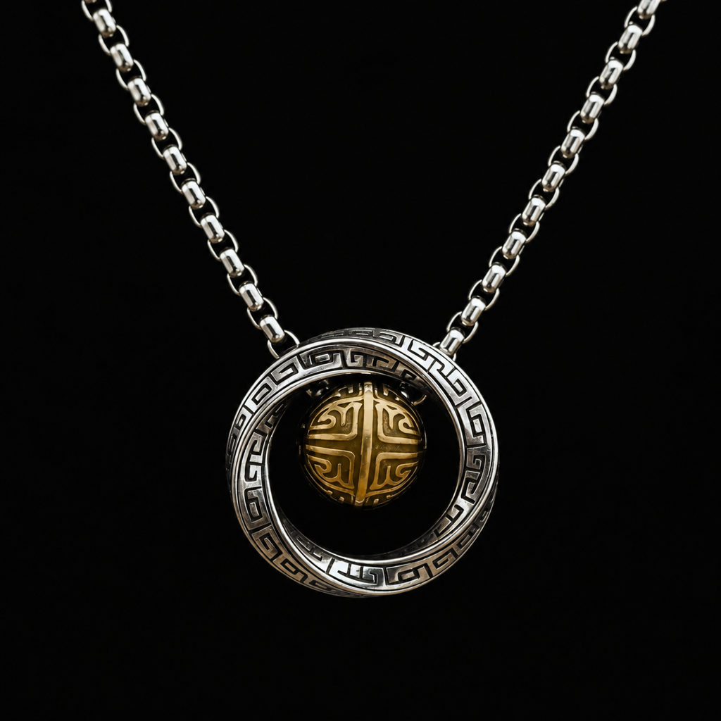 Collar con Colgante Oriental Giratorio — Bicolor Plata y Oro, Estilo Retro Étnico