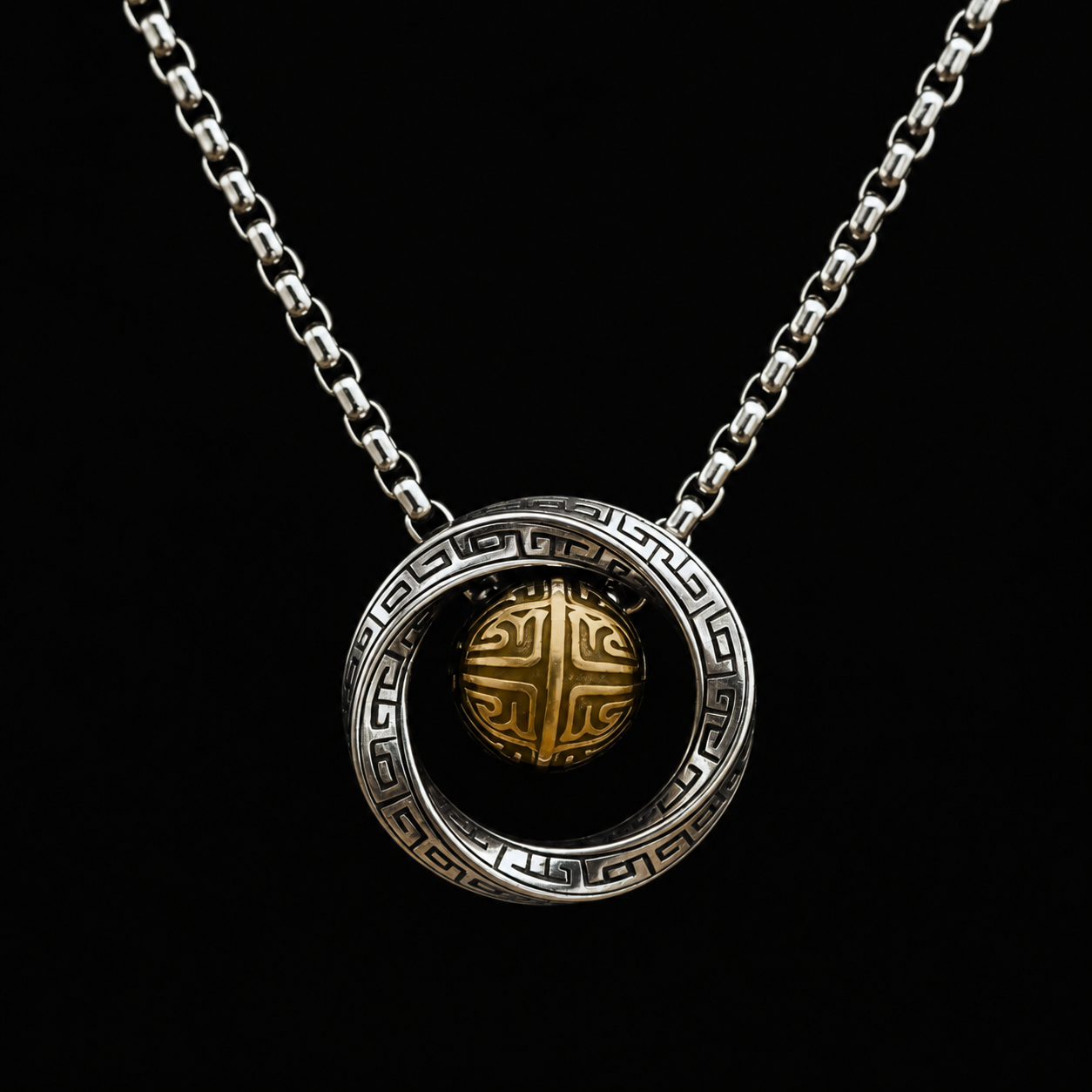 Collar con Colgante Oriental Giratorio — Bicolor Plata y Oro, Estilo Retro Étnico