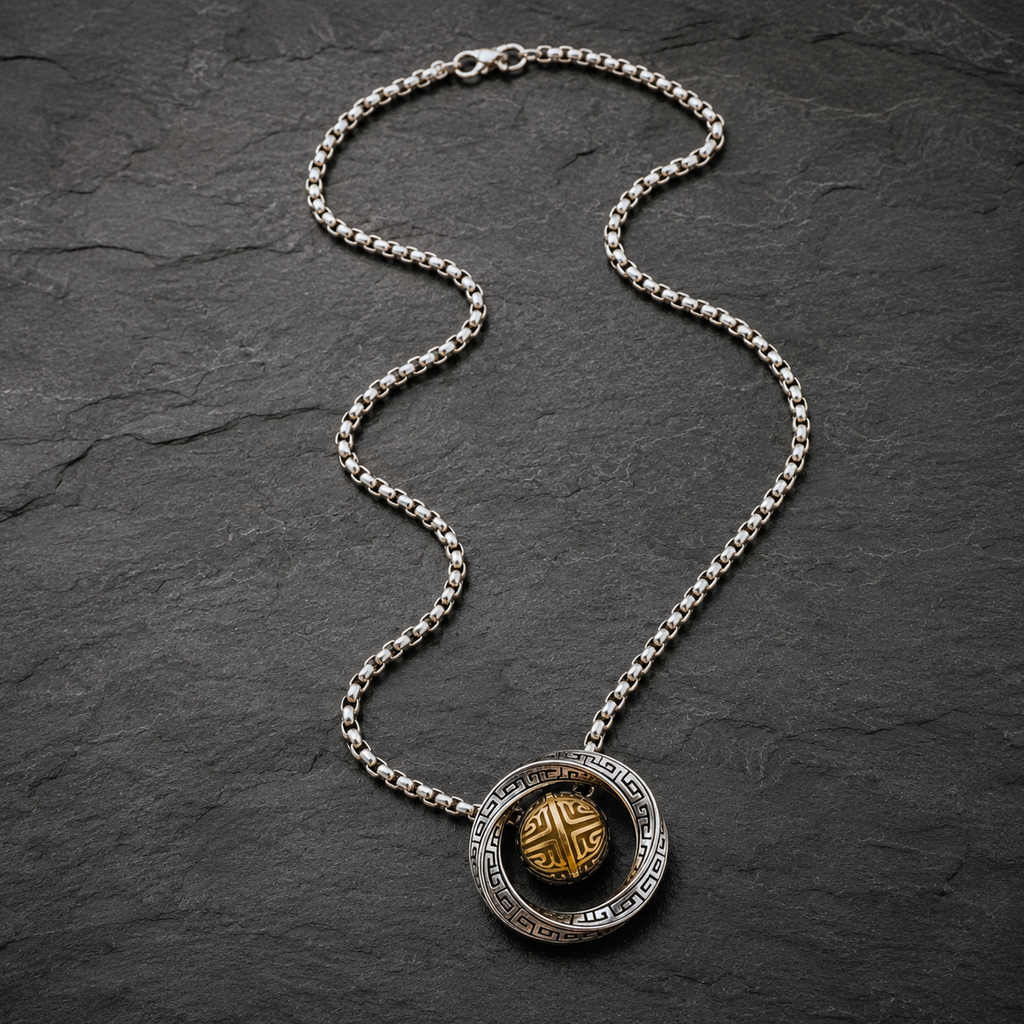 Collar con Colgante Oriental Giratorio — Bicolor Plata y Oro, Estilo Retro Étnico
