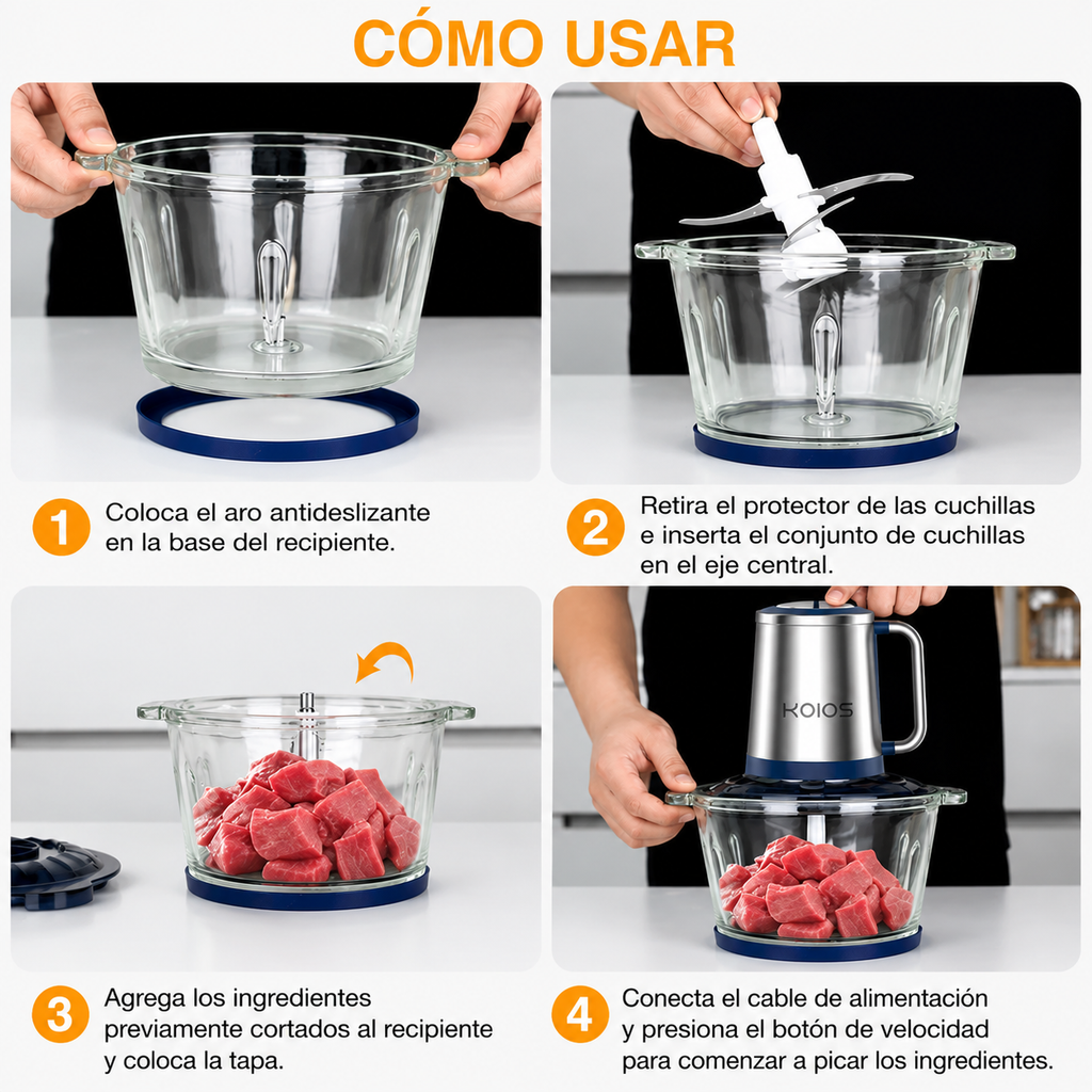 Procesador de Alimentos Eléctrico con Bowl de Vidrio 2L — Pica, Muele y Mezcla en Segundos