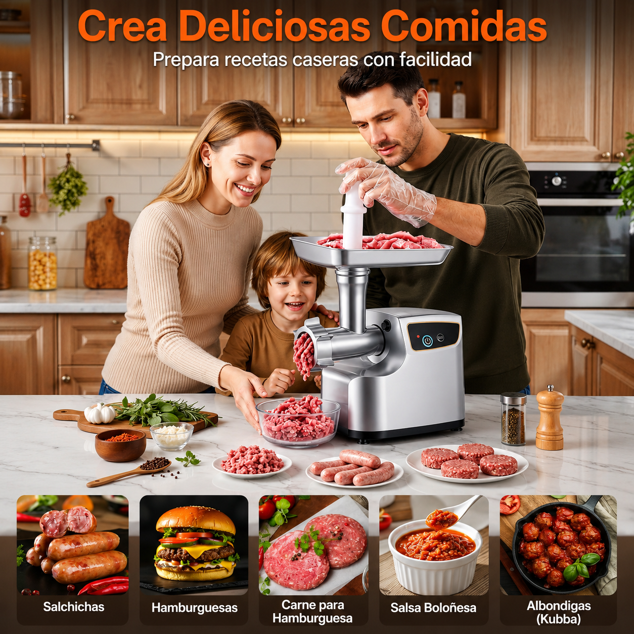Moledora de Carne Eléctrica 700W — 3 Placas, Tubos para Embutidos y Kit Kubbe