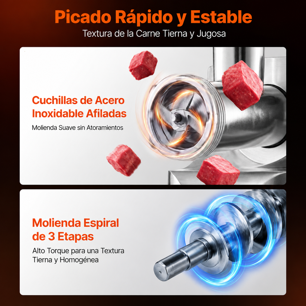 Moledora de Carne Eléctrica 700W — 3 Placas, Tubos para Embutidos y Kit Kubbe