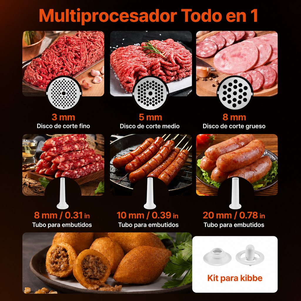 Moledora de Carne Eléctrica 700W — 3 Placas, Tubos para Embutidos y Kit Kubbe