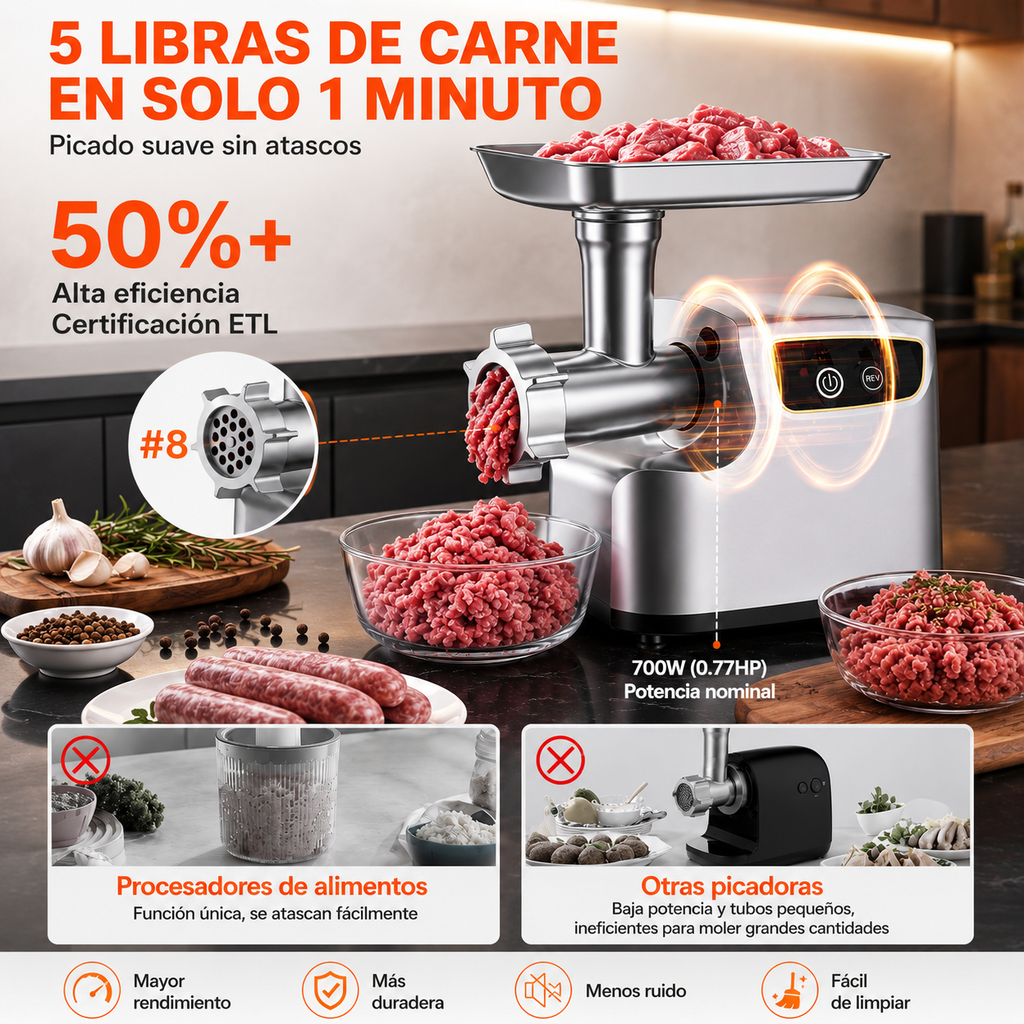 Moledora de Carne Eléctrica 700W — 3 Placas, Tubos para Embutidos y Kit Kubbe