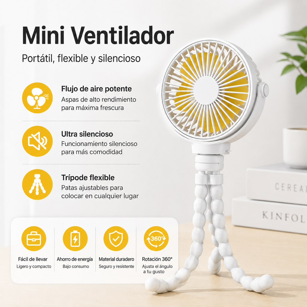 Ventilador Portátil Recargable con Trípode Flexible — 3 Velocidades, Hasta 9 Horas, Carga USB-C
