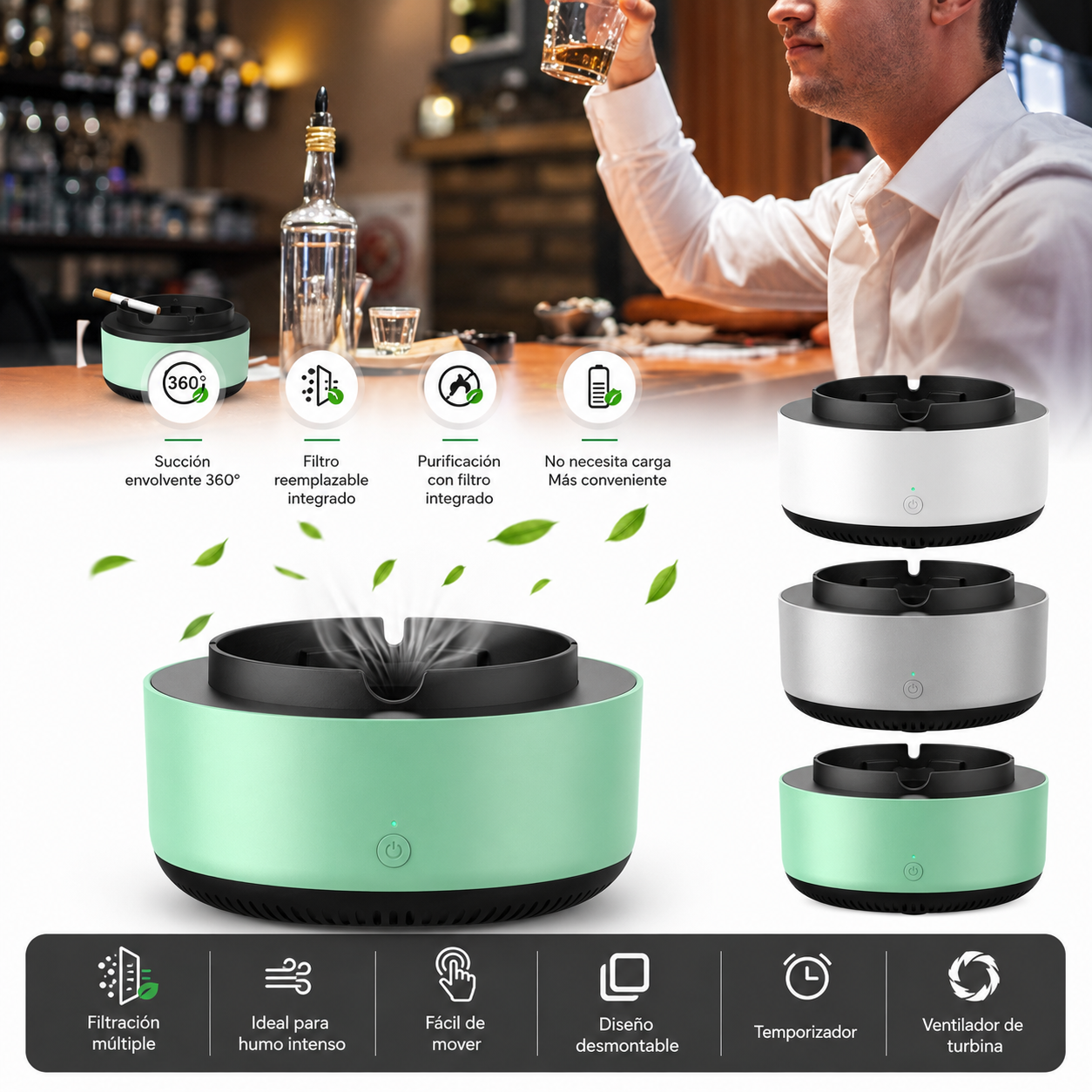 Cenicero Purificador de Aire con Ionizador — Elimina Olores, Silencioso, Portátil, ABS