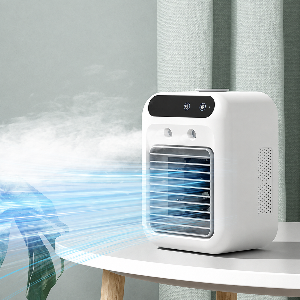Ventilador Enfriador de Aire Portátil con Atomización — Pantalla Táctil, USB, Depósito de Agua con Hielo