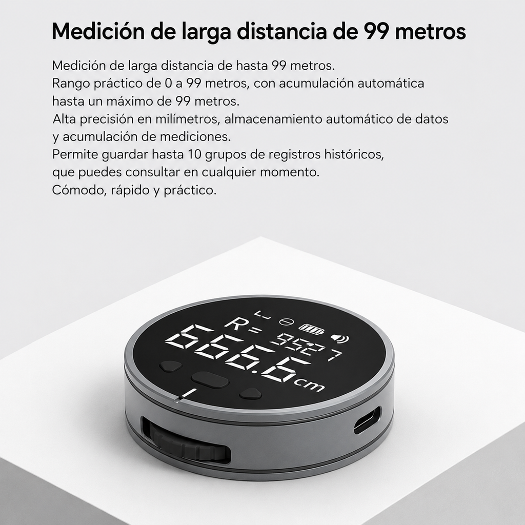 Regla Electrónica Digital de Medición — LCD, Hasta 99.99m Acumulado, Recargable USB-C