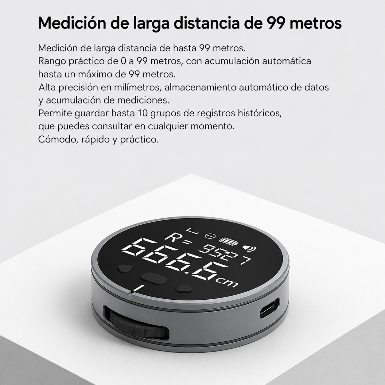 Regla Electrónica Digital de Medición — LCD, Hasta 99.99m Acumulado, Recargable USB-C