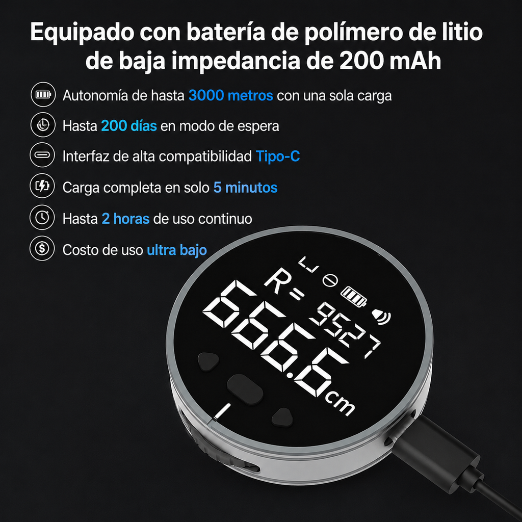 Regla Electrónica Digital de Medición — LCD, Hasta 99.99m Acumulado, Recargable USB-C