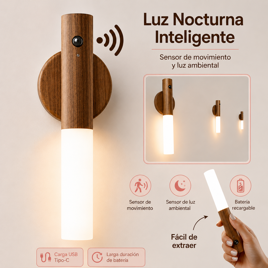 Luz LED Nocturna con Sensor de Movimiento PIR — Magnética, Recargable USB, Luz Cálida 2700–3000K