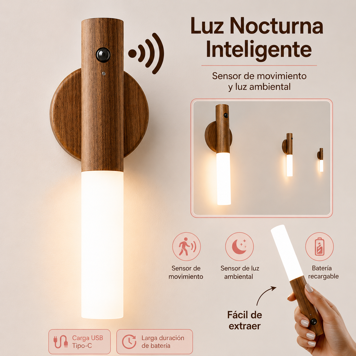 Luz LED Nocturna con Sensor de Movimiento PIR — Magnética, Recargable USB, Luz Cálida 2700–3000K