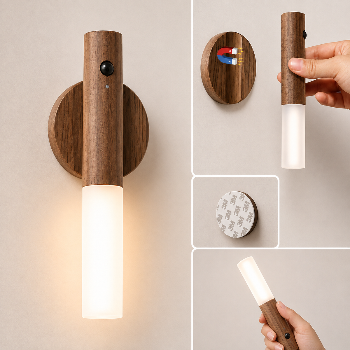 Luz LED Nocturna con Sensor de Movimiento PIR — Magnética, Recargable USB, Luz Cálida 2700–3000K