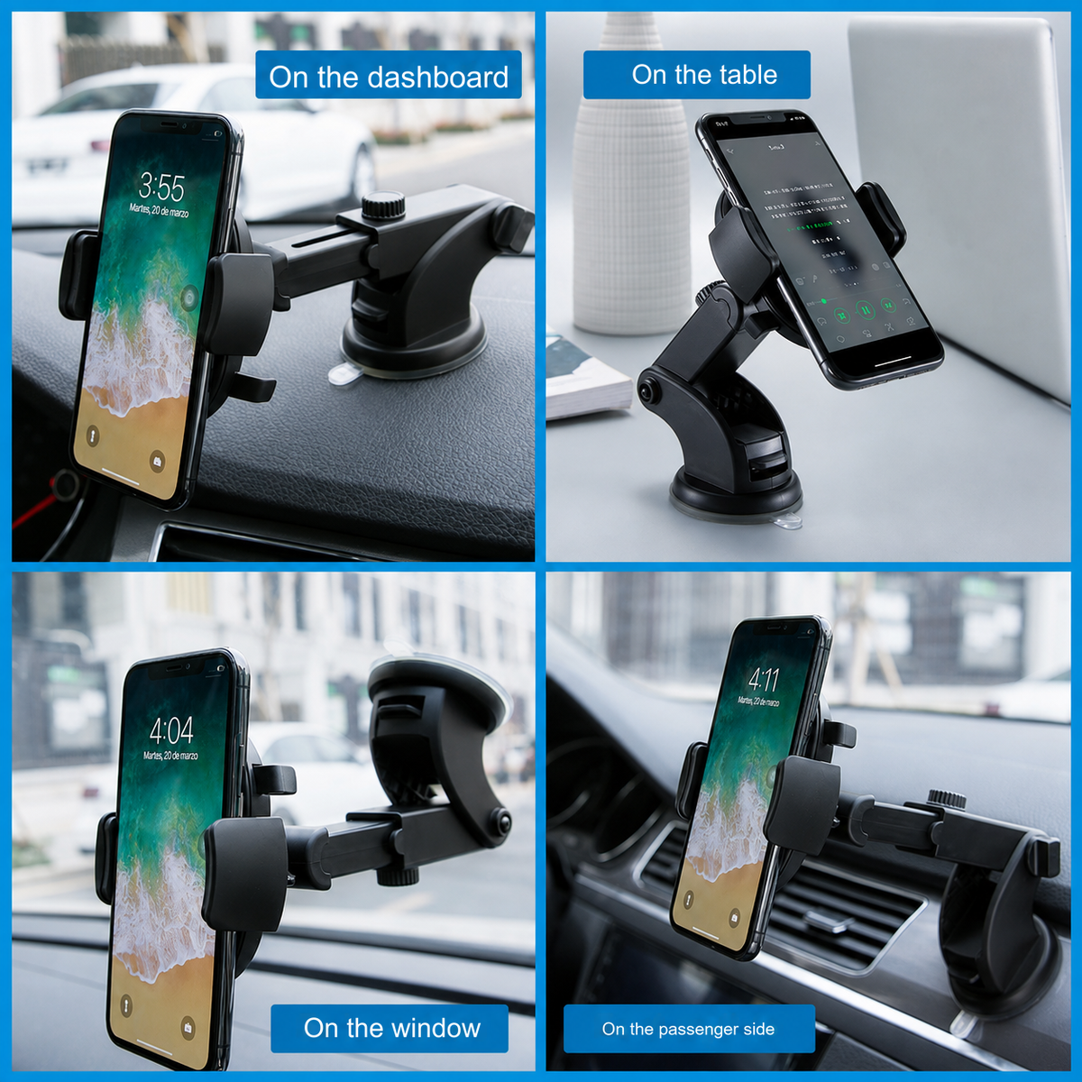 Soporte para celular para coche con ventosa y brazo telescópico — rotación de 360°, ABS, para dispositivos de 3.5 a 7"