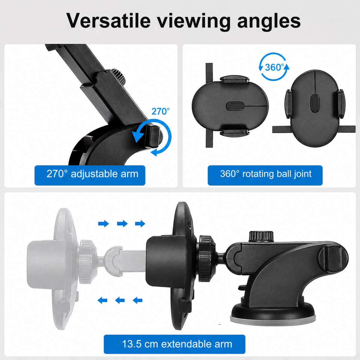 Soporte para celular para coche con ventosa y brazo telescópico — rotación de 360°, ABS, para dispositivos de 3.5 a 7"