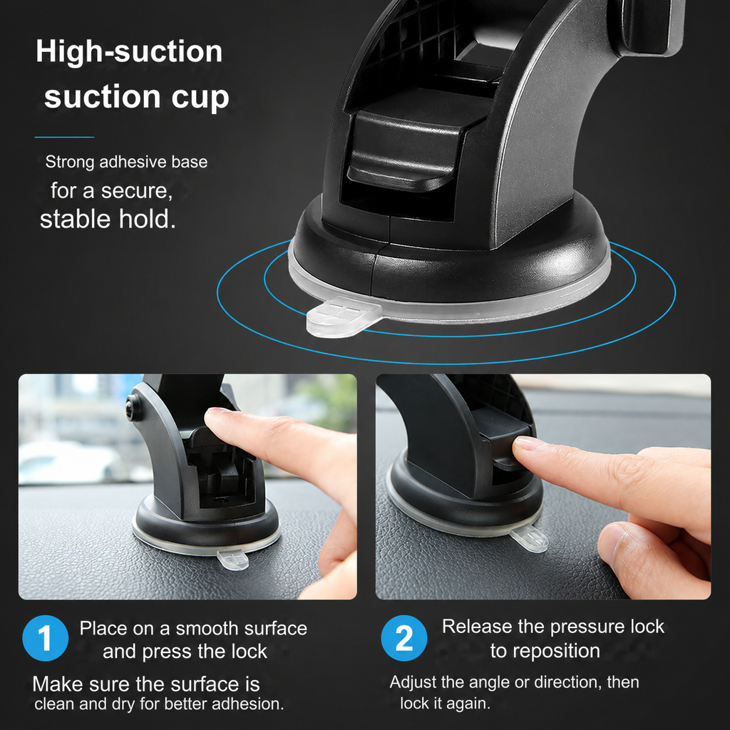 Soporte para celular para coche con ventosa y brazo telescópico — rotación de 360°, ABS, para dispositivos de 3.5 a 7"