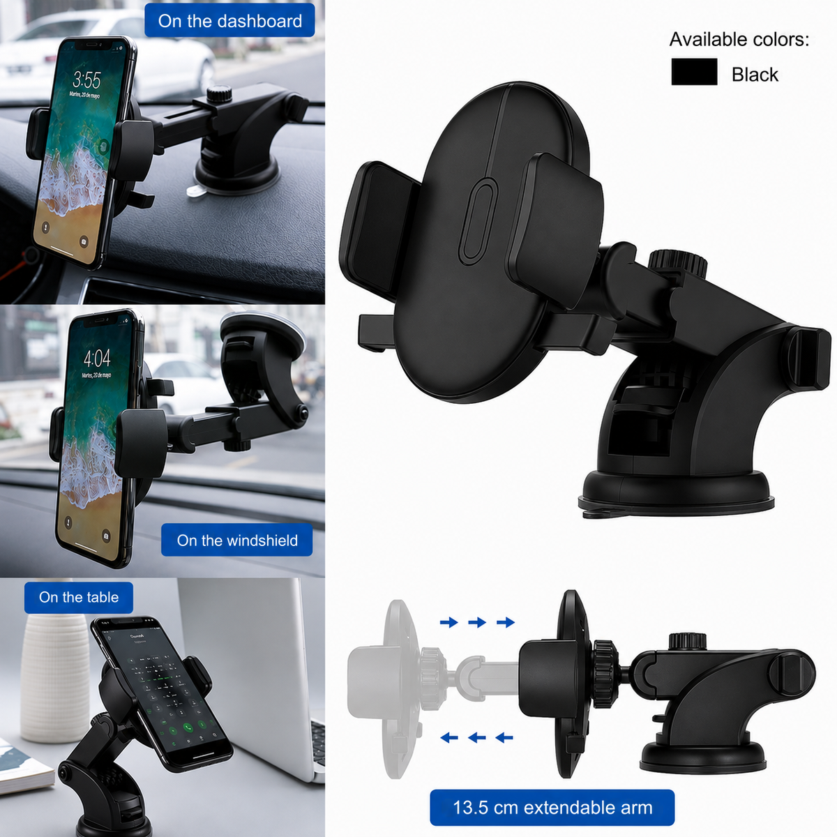 Car Phone Holder with Suction Cup and Telescopic Arm
