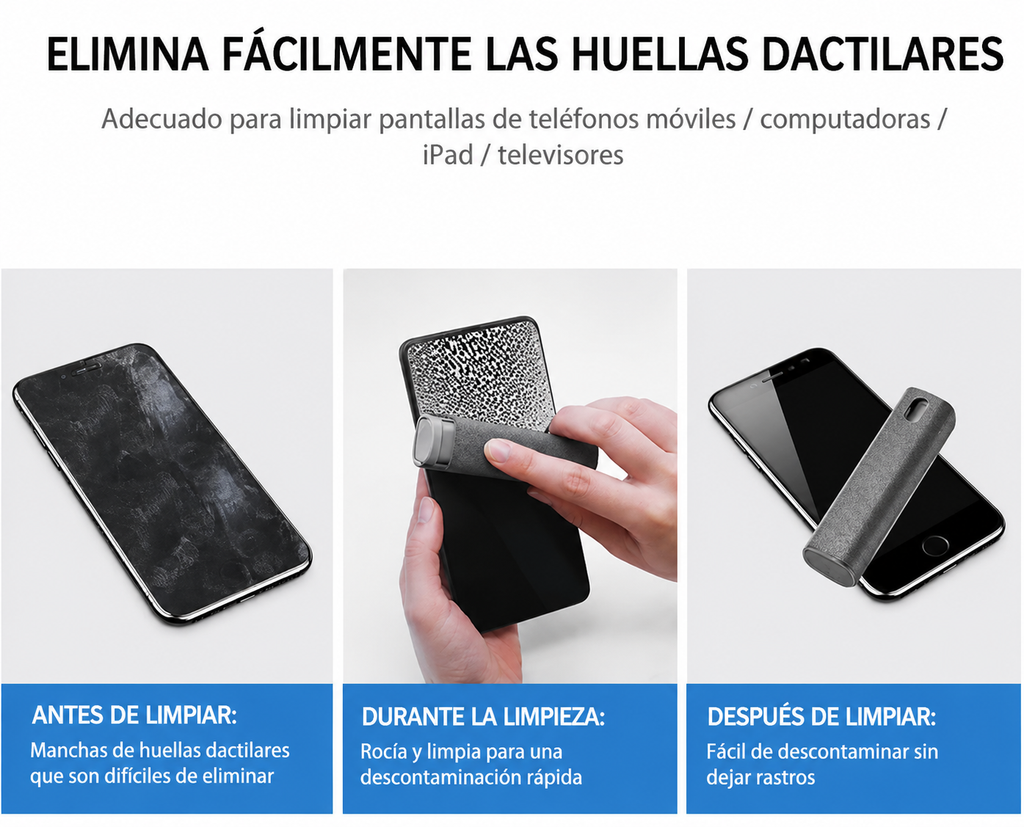 Kit Limpiador de Pantallas 2 en 1 — Spray + Paño de Microfibra, para Móvil, Computadora y Tablet