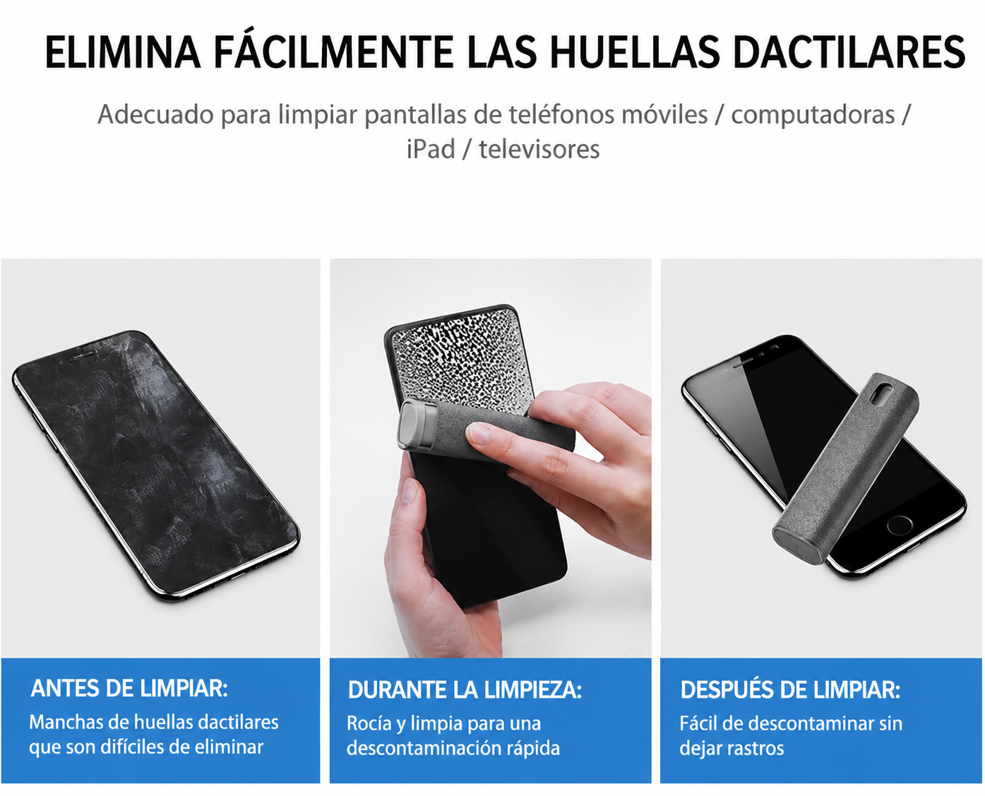 Kit Limpiador de Pantallas 2 en 1 — Spray + Paño de Microfibra, para Móvil, Computadora y Tablet