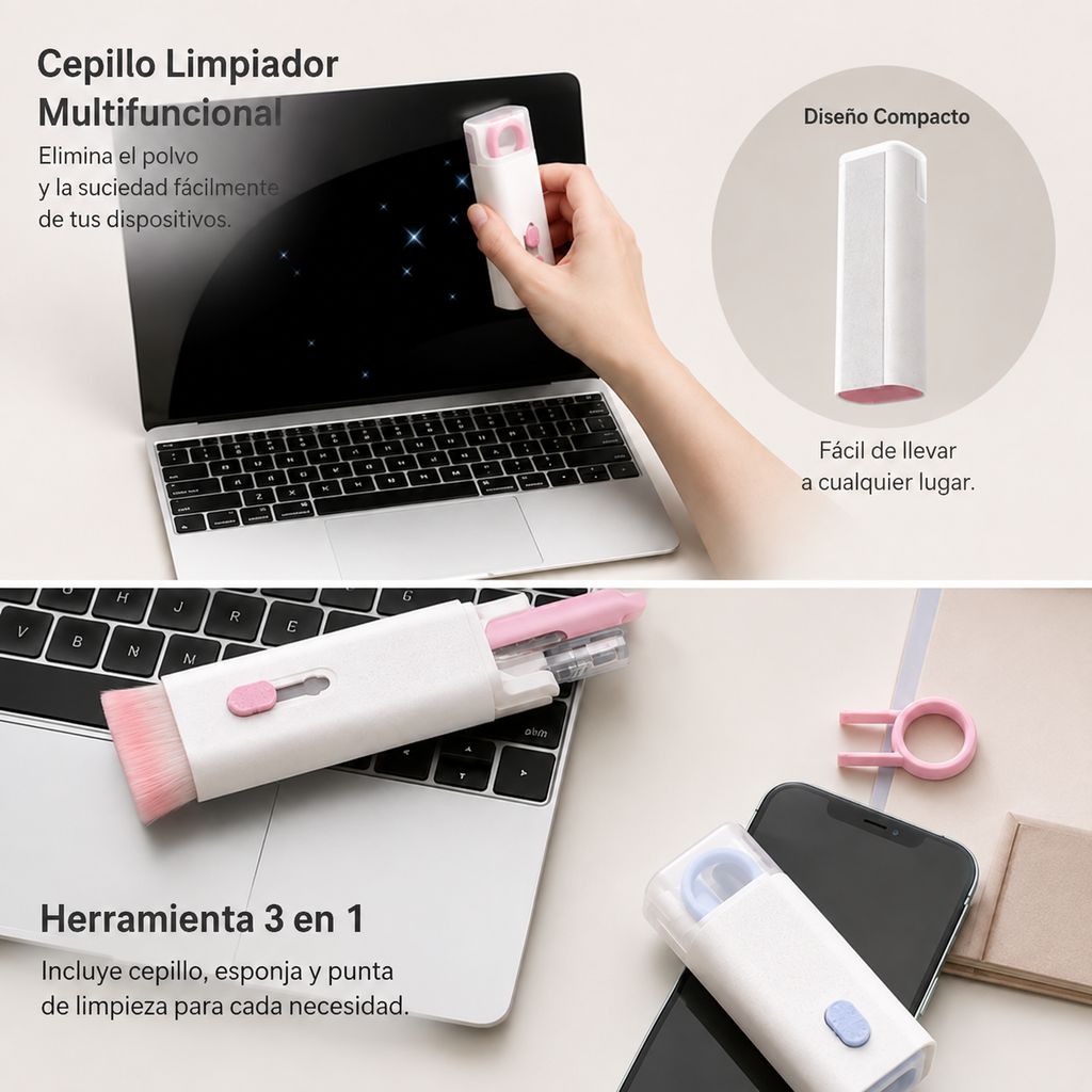 Kit de Limpieza Multifuncional para Electrónicos — Pluma, Cepillo, Extractor de Teclas y Spray, ABS, 60×130mm