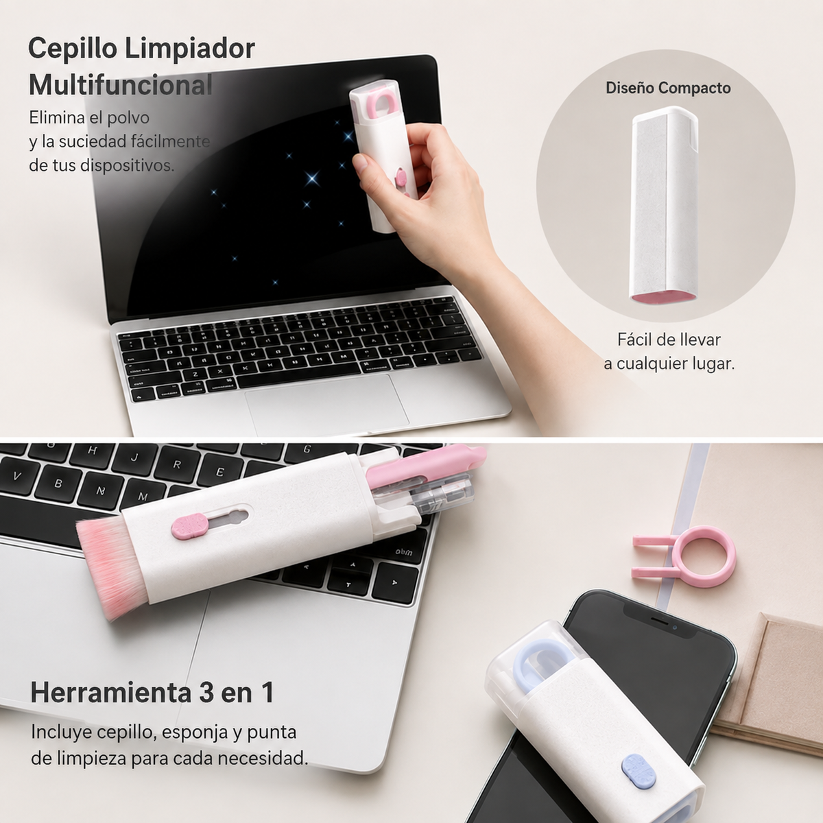 Kit de Limpieza Multifuncional para Electrónicos — Pluma, Cepillo, Extractor de Teclas y Spray, ABS, 60×130mm