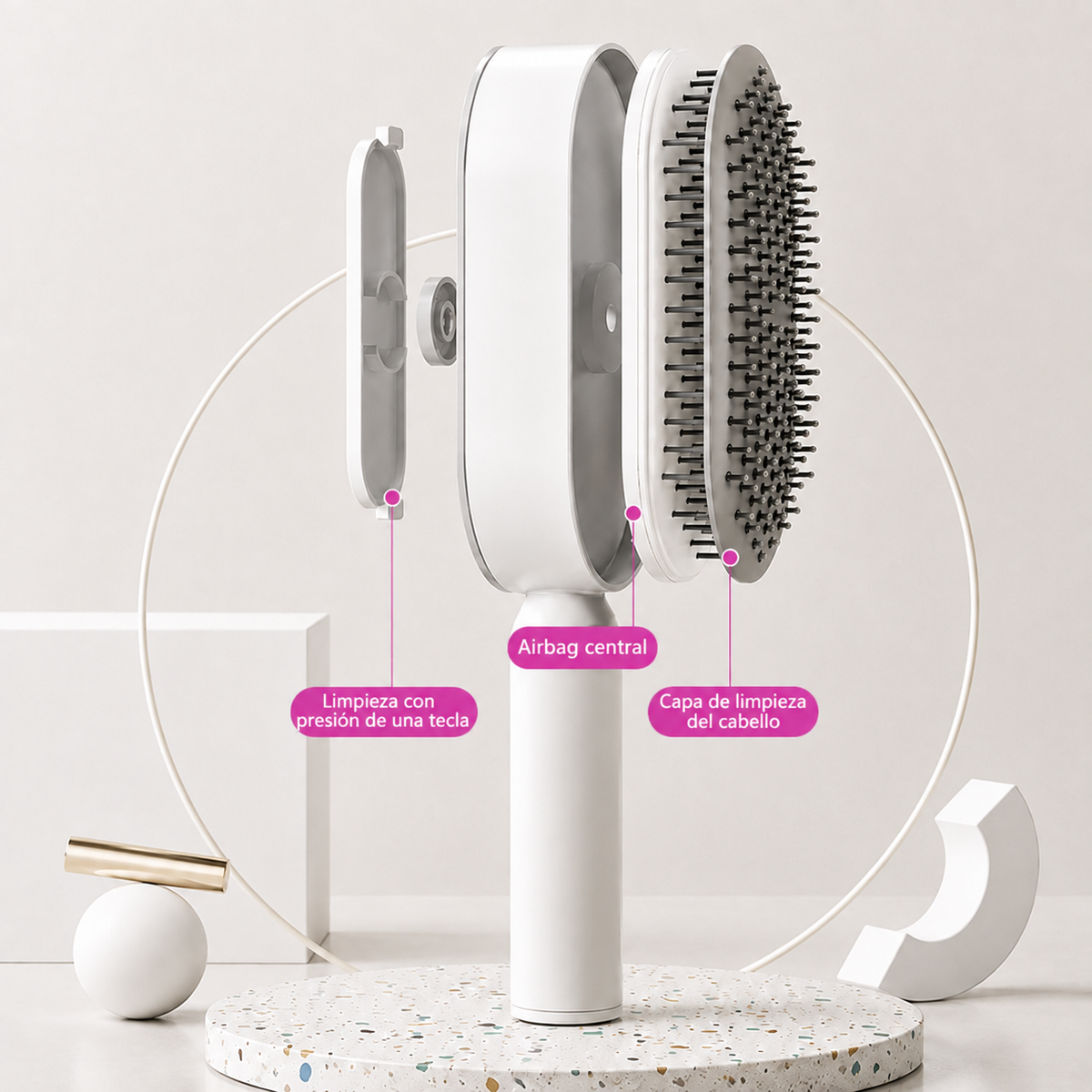 Cepillo de Cabello con Cojín de Aire 3D — Autolimpieza, Antiestático, ABS, Para Cabello Seco y Húmedo