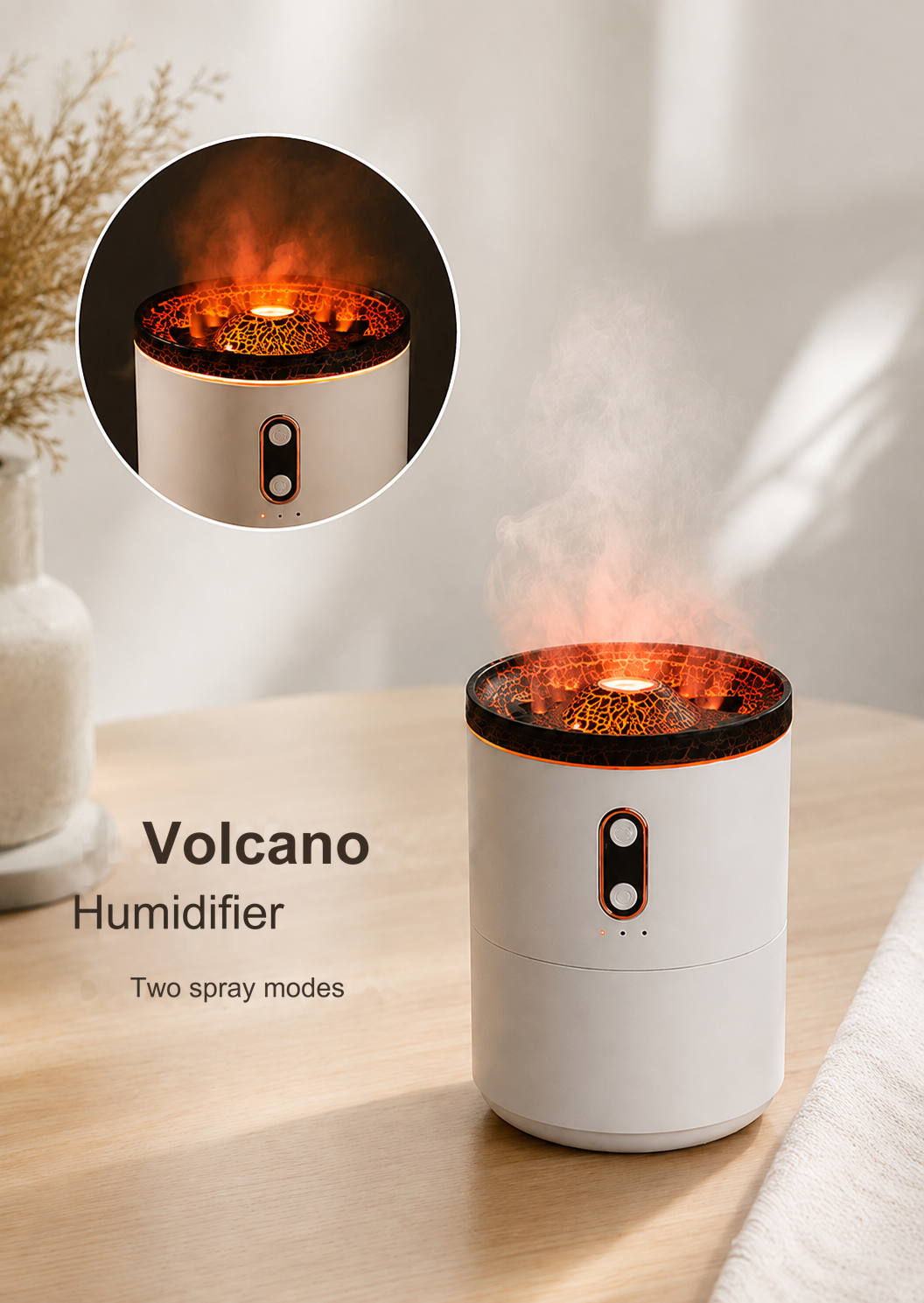 Humidificador USB con difusor de aroma y luz nocturna — 2 salidas de vapor, temporizador de 2–8 h, plástico