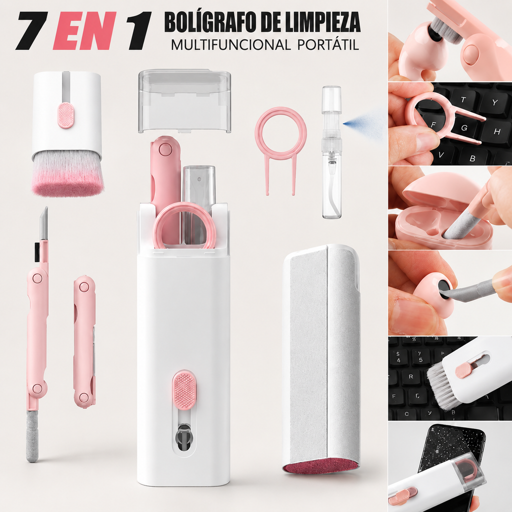 Kit de Limpieza Multifuncional para Electrónicos — Pluma, Cepillo, Extractor de Teclas y Spray, ABS, 60×130mm
