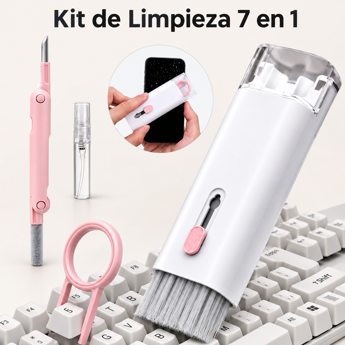 Kit de Limpieza Multifuncional para Electrónicos — Pluma, Cepillo, Extractor de Teclas y Spray, ABS, 60×130mm