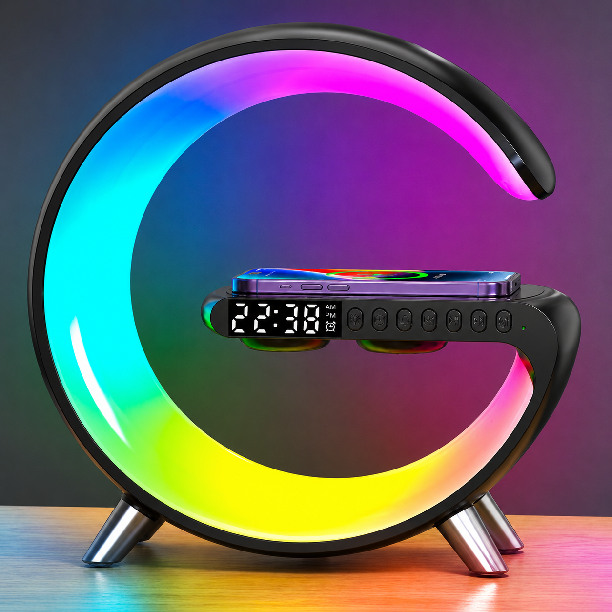 Lámpara LED Inteligente G con Cargador Inalámbrico y Bocina Bluetooth — Control por App, 10 Modos de Color, Reloj y Alarma