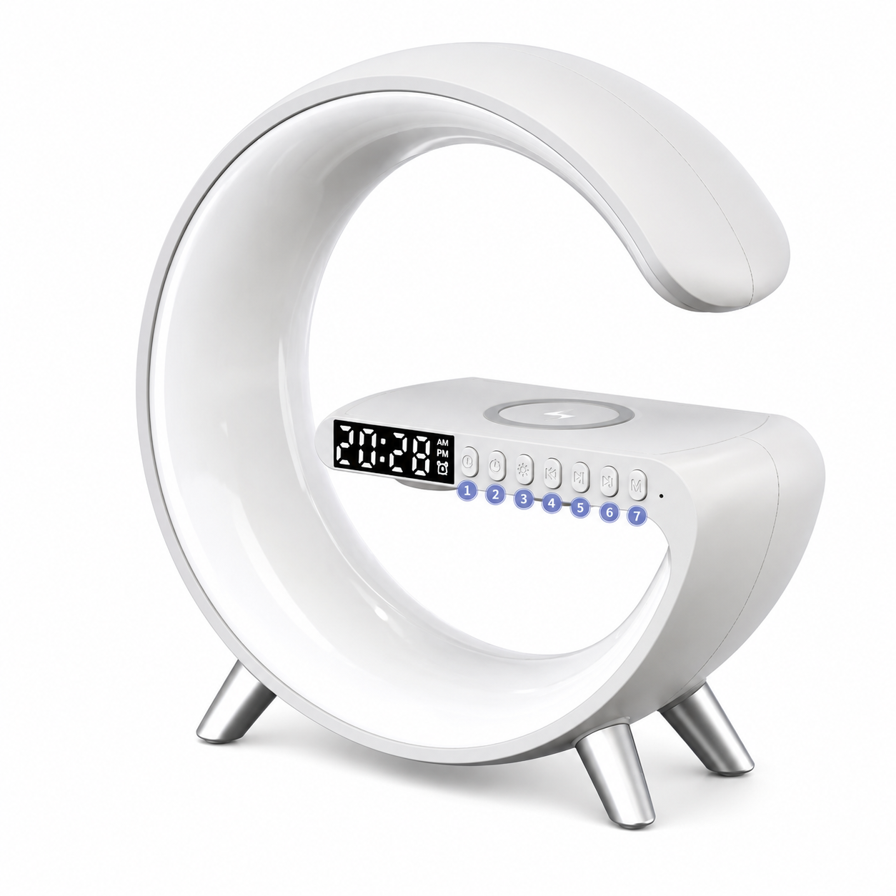 Lámpara LED Inteligente G con Cargador Inalámbrico y Bocina Bluetooth — Control por App, 10 Modos de Color, Reloj y Alarma