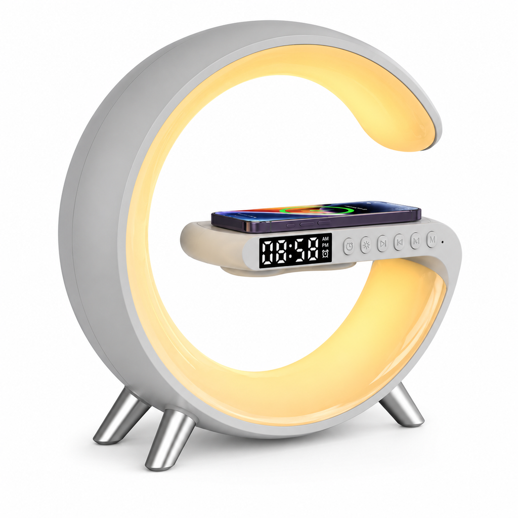Lámpara LED Inteligente G con Cargador Inalámbrico y Bocina Bluetooth — Control por App, 10 Modos de Color, Reloj y Alarma
