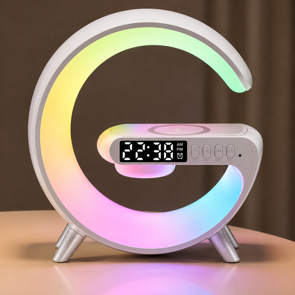 Lámpara LED Inteligente G con Cargador Inalámbrico y Bocina Bluetooth — Control por App, 10 Modos de Color, Reloj y Alarma