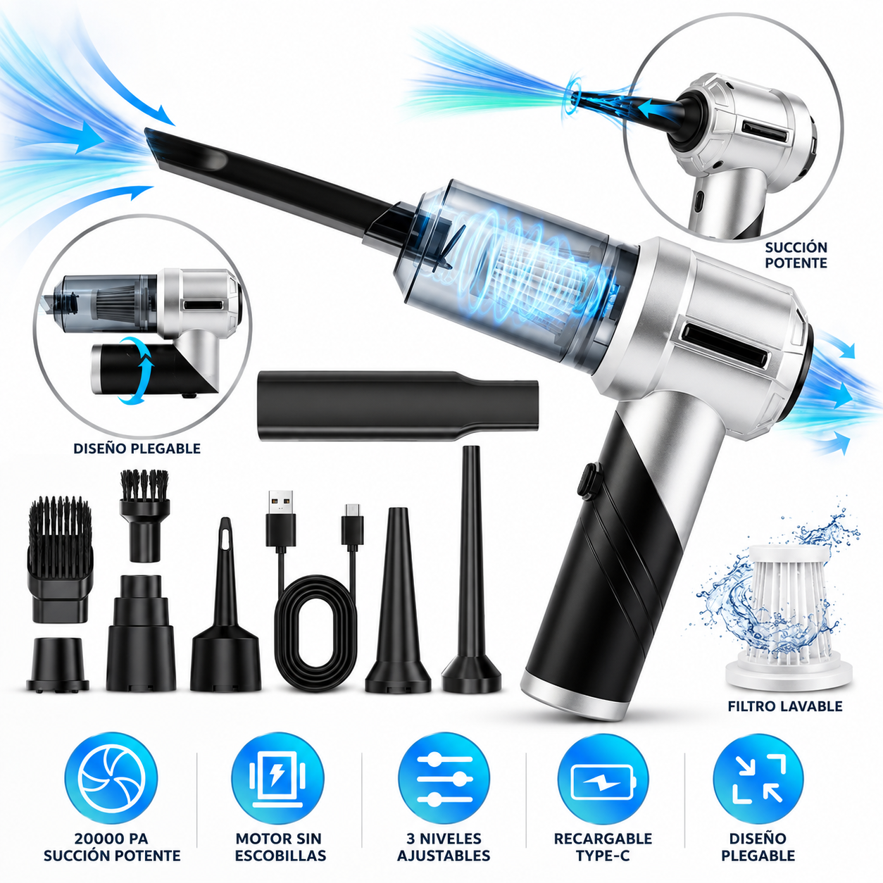 Aspiradora Portátil Inalámbrica 20,000Pa — Motor Brushless, 3 Niveles de Succión y Soplador USB-C
