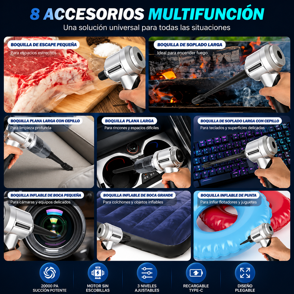 Aspiradora Portátil Inalámbrica 20,000Pa — Motor Brushless, 3 Niveles de Succión y Soplador USB-C