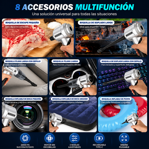Aspiradora Portátil Inalámbrica 20,000Pa — Motor Brushless, 3 Niveles de Succión y Soplador USB-C