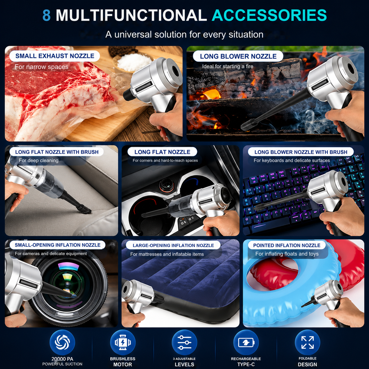 Aspiradora de mano inalámbrica de 20,000 Pa: motor sin escobillas, 3 niveles de succión y soplador USB-C