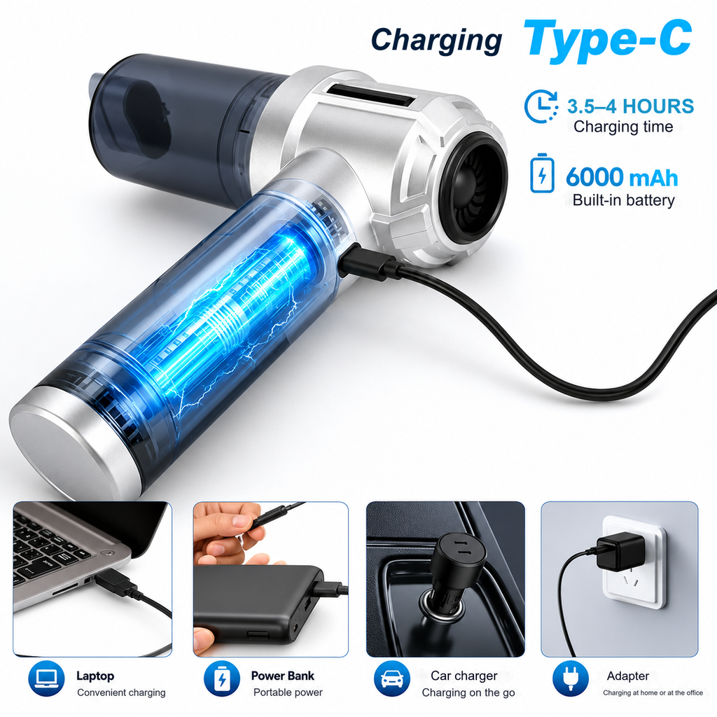 Aspiradora de mano inalámbrica de 20,000 Pa: motor sin escobillas, 3 niveles de succión y soplador USB-C