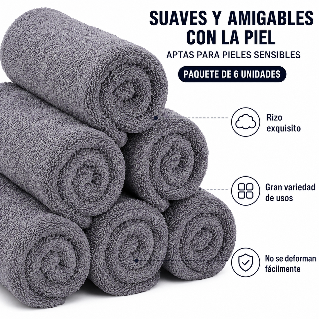 Set de 6 Toallas de Mano Premium de Microfibra — Secado Rápido, Alta Absorbencia, 40x70cm