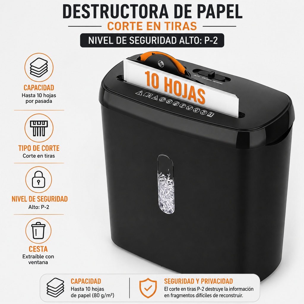 Trituradora de Papel 10 Hojas — Nivel P-2, Destruye CDs y Tarjetas, Canasta 12L, Certificación ETL