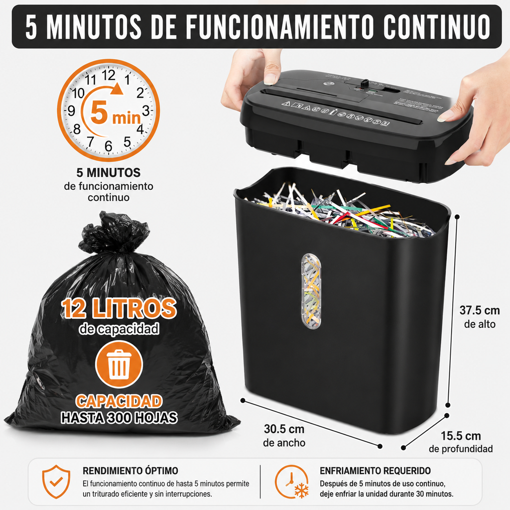 Trituradora de Papel 10 Hojas — Nivel P-2, Destruye CDs y Tarjetas, Canasta 12L, Certificación ETL